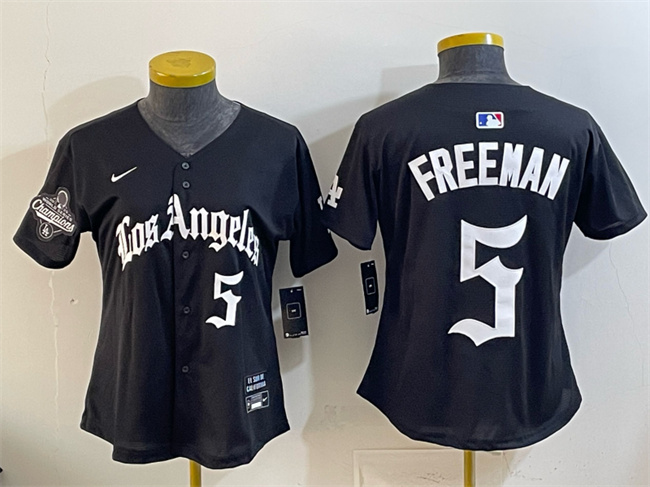 Women's Los Angeles Dodgers #5 Freddie Freeman Black 2025 World Series Champions LA Gothic Edition Limited Stitched Baseball Jersey(Run Small)