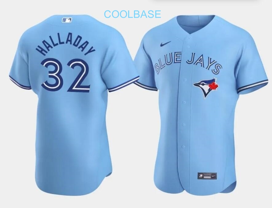 Men’s Toronto Blue Jays 32 Roy Halladay Powder Light Blue Alternate Coolbase Jersey