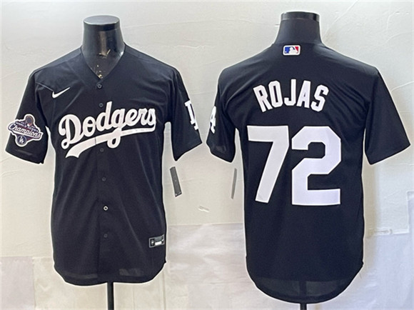 Men's Los Angeles Dodgers #72 Miguel Rojas Black 2025 World Series Champions Patch Cool Base Stitched Baseball Jersey