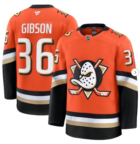 Men'S Anaheim Ducks #36 John Gibson Orange Fanatics Branded 2024-25 Home Premium Stitched Jersey