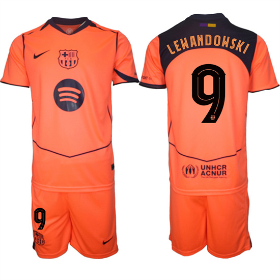 Men's Barcelona #9 LEWANDOWSKI 2025-26 Third Orange Away Suit Soccer Jerseys1