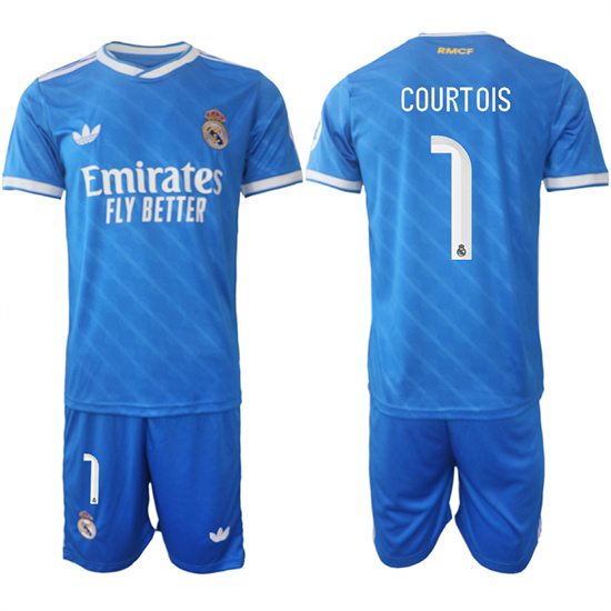 Men's Real Madrid #1 COURTOIS 2025-26 Third Blue Adidas Soccer Suit Jerseys