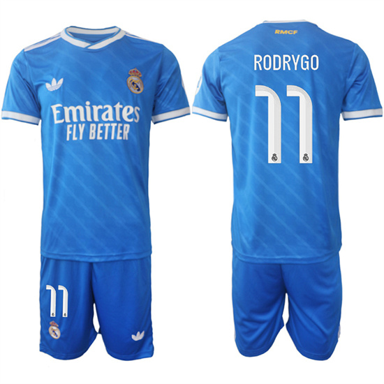 Men's Real Madrid #11 RODRYGO 2025-26 Third Blue Adidas Soccer Suit Jerseys