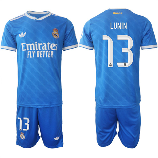 Men's Real Madrid #13 LUNIN 2025-26 Third Blue Adidas Soccer Suit Jerseys