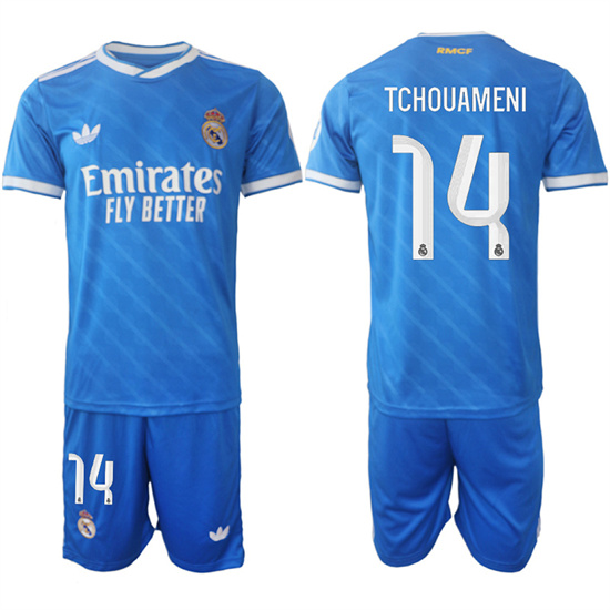 Men's Real Madrid #14 TCHOUAMENI 2025-26 Third Blue Adidas Soccer Suit Jerseys