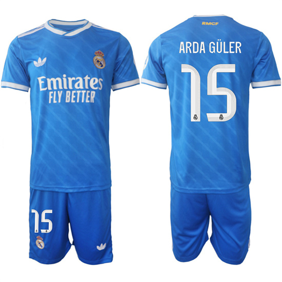 Men's Real Madrid #15 ARDA GULER 2025-26 Third Blue Adidas Soccer Suit Jerseys
