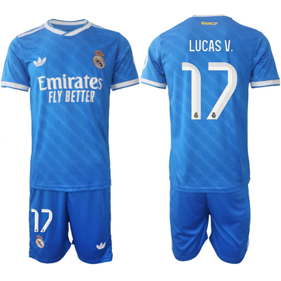 Men's Real Madrid #17 LUCAS V. 2025-26 Third Blue Adidas Soccer Suit Jerseys