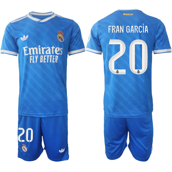 Men's Real Madrid #20 FRAN GARCIA 2025-26 Third Blue Adidas Soccer Suit Jerseys