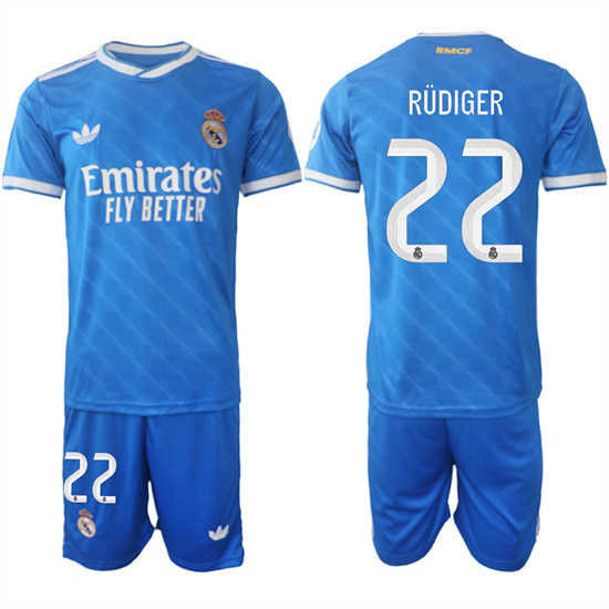 Men's Real Madrid #22 RUDIGER 2025-26 Third Blue Adidas Soccer Suit Jerseys