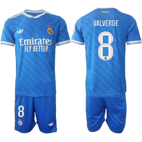 Men's Real Madrid #8 VALVERDE 2025-26 Third Blue Adidas Soccer Suit Jerseys