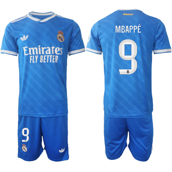 Men's Real Madrid #9 MBAPPE 2025-26 Third Blue Adidas Soccer Suit Jerseys
