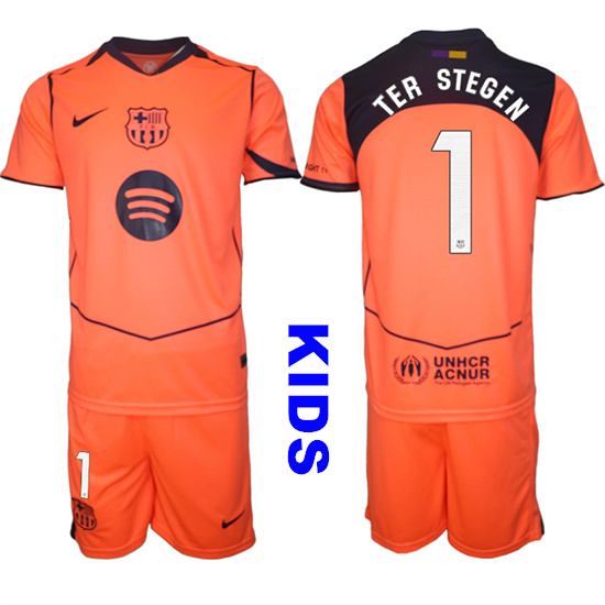 Youth Barcelona #1 TER STEGEN 2025-26 Third Orange Away Suit Kids Soccer Jerseys