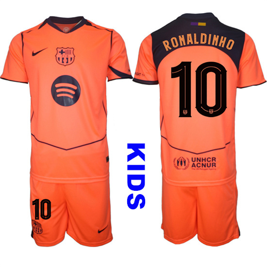 Youth Barcelona #10 RONALDINHO 2025-26 Third Orange Away Suit Kids Soccer Jerseys1