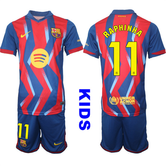 Youth Barcelona #11 RAPHINHA 2025-26 Stadium Fourth Suit Kids Soccer Jerseys