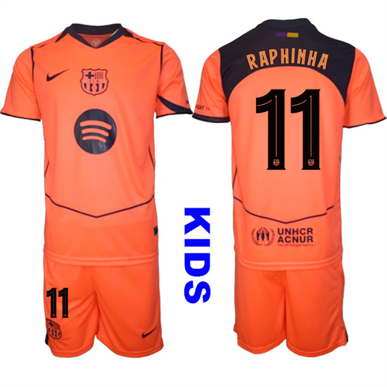 Youth Barcelona #11 RAPHINHA 2025-26 Third Orange Away Suit Kids Soccer Jerseys1