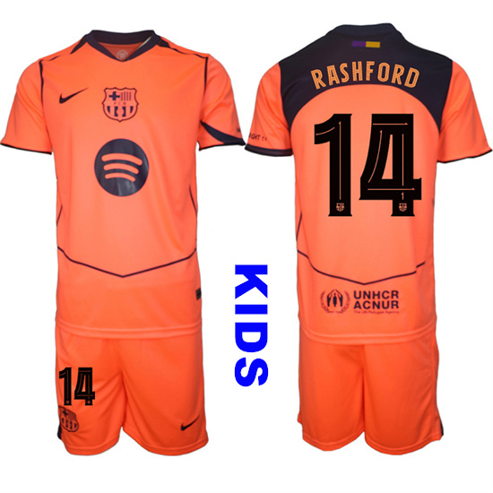 Youth Barcelona #14 RASHFORD 2025-26 Third Orange Away Suit Kids Soccer Jerseys1