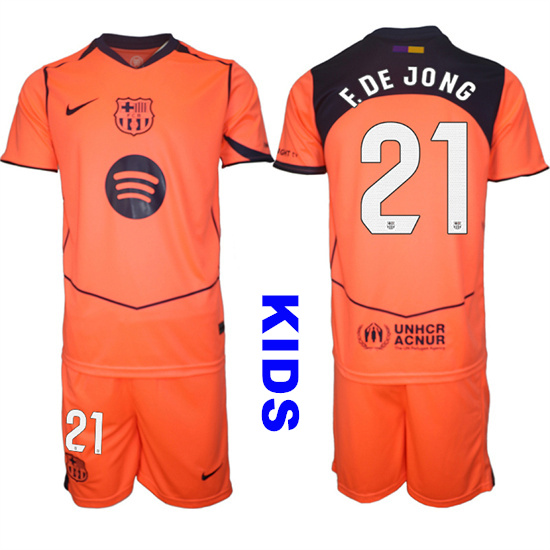 Youth Barcelona #21 F.DE JONG 2025-26 Third Orange Away Suit Kids Soccer Jerseys