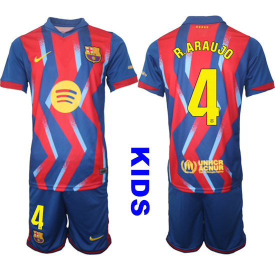 Youth Barcelona #4 R.ARAUJO 2025-26 Stadium Fourth Suit Kids Soccer Jerseys