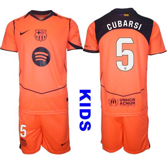 Youth Barcelona #5 CUBARSI 2025-26 Third Orange Away Suit Kids Soccer Jerseys