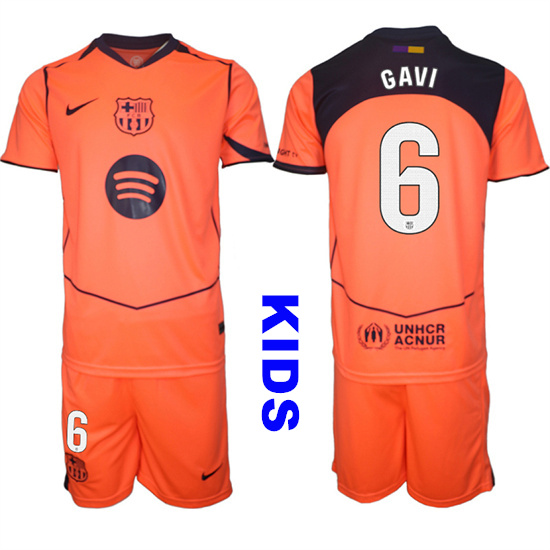 Youth Barcelona #6 GAVI 2025-26 Third Orange Away Suit Kids Soccer Jerseys