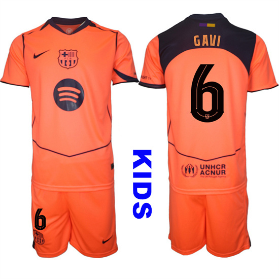 Youth Barcelona #6 GAVI 2025-26 Third Orange Away Suit Kids Soccer Jerseys1