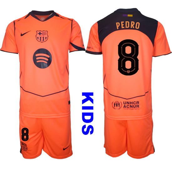 Youth Barcelona #8 PEDRO 2025-26 Third Orange Away Suit Kids Soccer Jerseys1