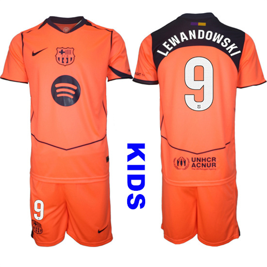 Youth Barcelona #9 LEWANDOWSKI 2025-26 Third Orange Away Suit Kids Soccer Jerseys