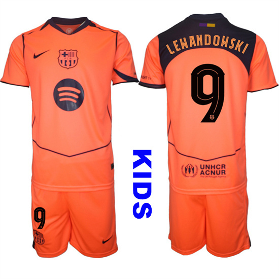 Youth Barcelona #9 LEWANDOWSKI 2025-26 Third Orange Away Suit Kids Soccer Jerseys1