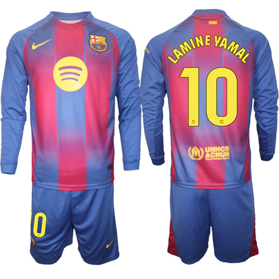 Men's Barcelona #10 LAMINE YAMAL 2025-26 home Long sleeves Suit Soccer Jerseys