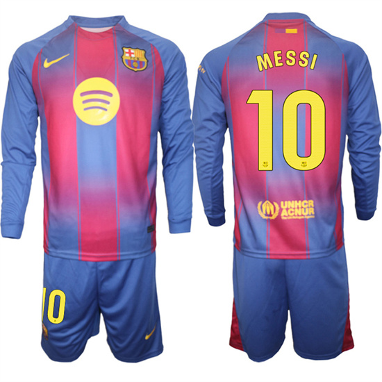 Men's Barcelona #10 MESSI 2025-26 home Long sleeves Suit Soccer Jerseys