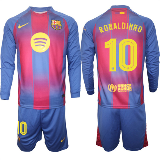 Men's Barcelona #10 RONALDINHO 2025-26 home Long sleeves  Suit Soccer Jerseys1