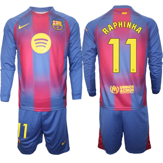 Men's Barcelona #11 RAPHINHA 2025-26 home Long sleeves Suit Soccer Jerseys