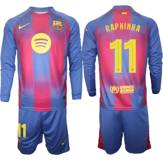Men's Barcelona #11 RAPHINHA 2025-26 home Long sleeves Suit Soccer Jerseys1
