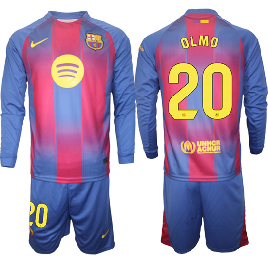 Men's Barcelona #20 OLMO 2025-26 home Long sleeves Suit Soccer Jerseys