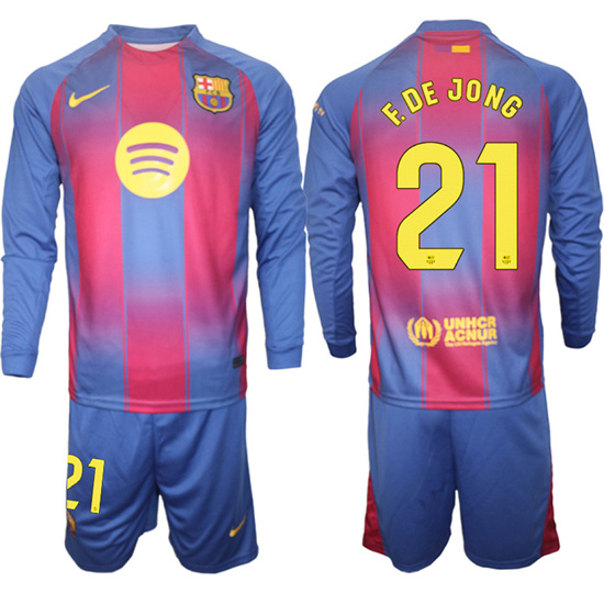 Men's Barcelona #21 F.DE JONG 2025-26 home Long sleeves Suit Soccer Jerseys