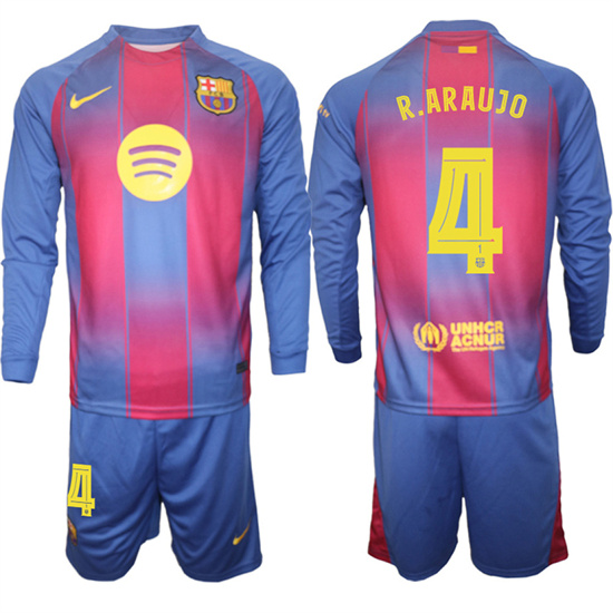 Men's Barcelona #4 R.ARAUJO 2025-26 home Long sleeves Suit Soccer Jerseys1