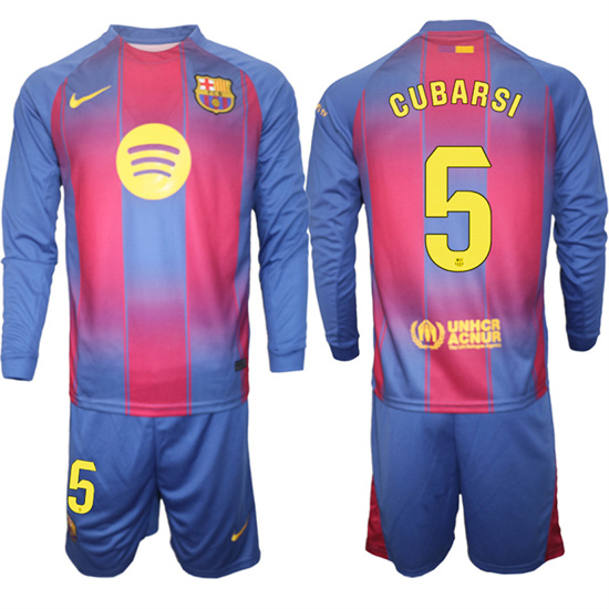 Men's Barcelona #5 CUBARSI 2025-26 home Long sleeves Suit Soccer Jerseys