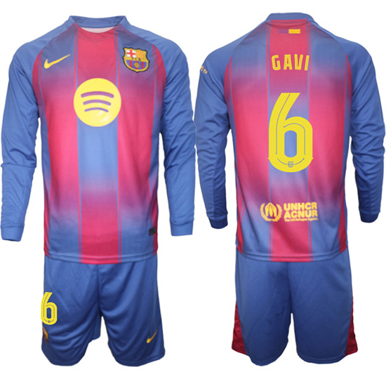 Men's Barcelona #6 GAVI 2025-26 home Long sleeves Suit Soccer Jerseys1