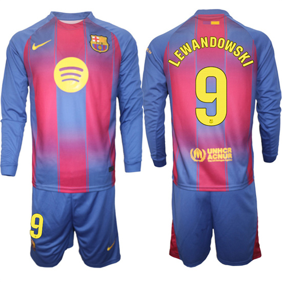Men's Barcelona #9 LEWANDOWSKI 2025-26 home Long sleeves Suit Soccer Jerseys