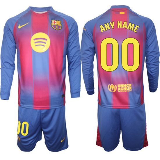 Men's Barcelona Custom Any Name And Number 2025-26 home Long sleeves Suit Soccer Jerseys