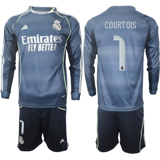 Men's Real Madrid #1 COURTOIS 2025-26 Away Long Sleeves Adidas Soccer Suit Jerseys