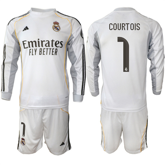 Men's Real Madrid #1 COURTOIS 2025-26 Home White Long Sleeves Adidas Soccer Suit Jerseys