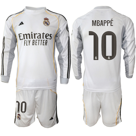 Men's Real Madrid #10 MBAPPE 2025-26 Home White Long Sleeves Adidas Soccer Suit Jerseys