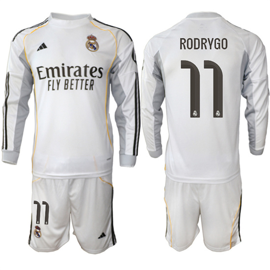 Men's Real Madrid #11 RODRYGO 2025-26 Home White Long Sleeves Adidas Soccer Suit Jerseys