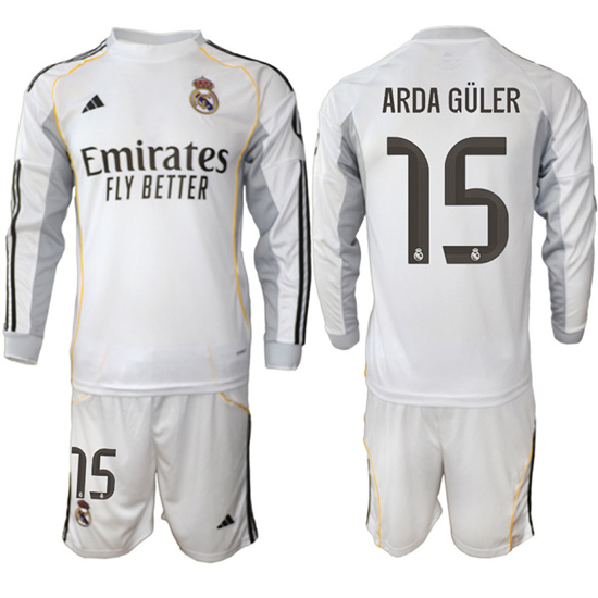 Men's Real Madrid #15 ARDA GULER 2025-26 Home White Long Sleeves Adidas Soccer Suit Jerseys