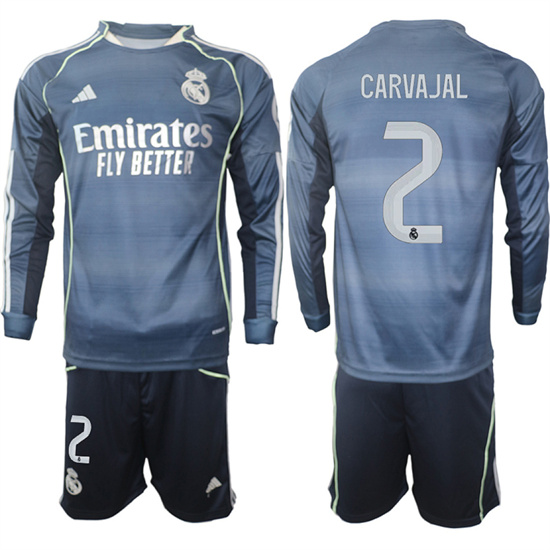 Men's Real Madrid #2 CARVAJAL 2025-26 Away Long Sleeves Adidas Soccer Suit Jerseys