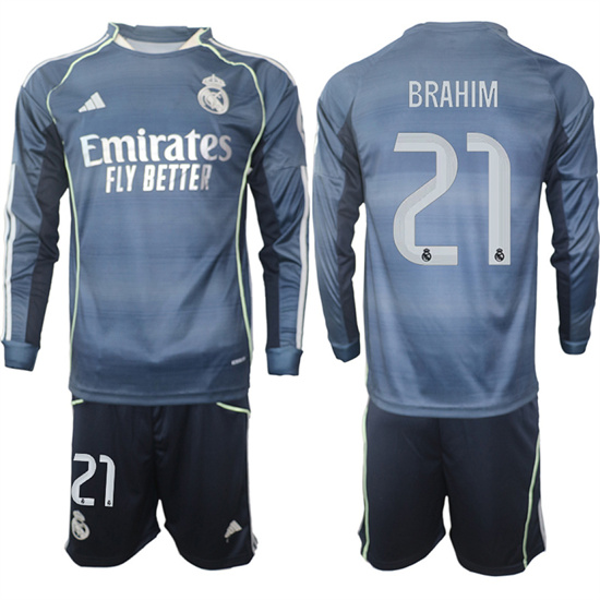 Men's Real Madrid #21 BRAHIM 2025-26 Away Long Sleeves Adidas Soccer Suit Jerseys