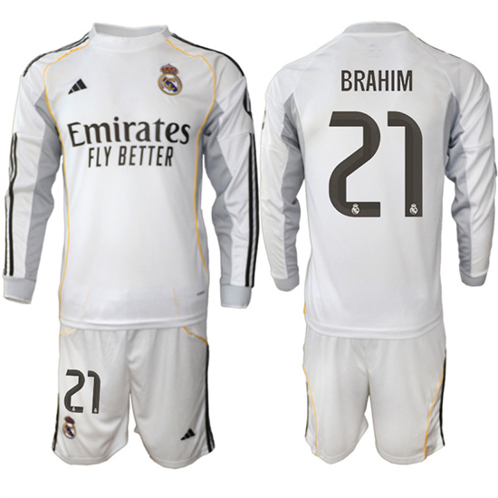Men's Real Madrid #21 BRAHIM 2025-26 Home White Long Sleeves Adidas Soccer Suit Jerseys