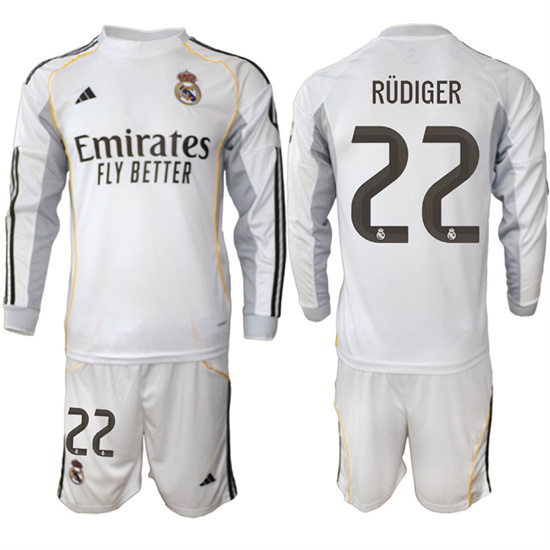 Men's Real Madrid #22 RUDIGER 2025-26 Home White Long Sleeves Adidas Soccer Suit Jerseys