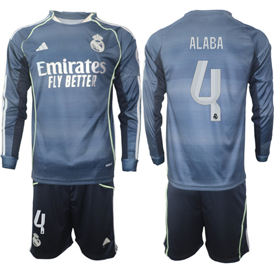 Men's Real Madrid #4 ALABA 2025-26 Away Long Sleeves Adidas Soccer Suit Jerseys